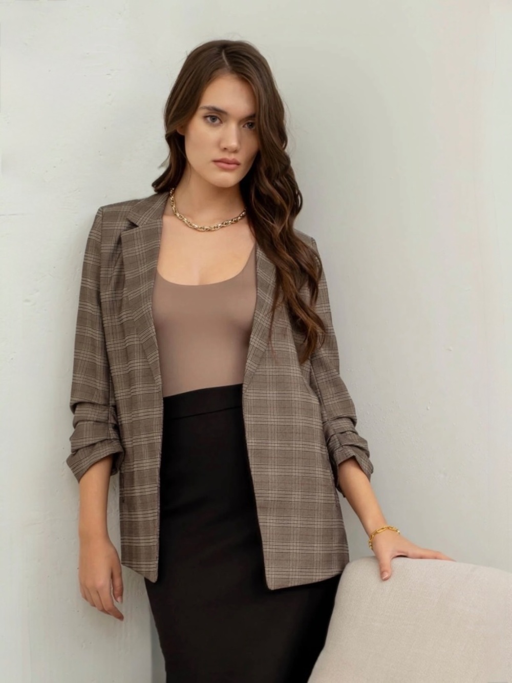 Studio Brown Plaid 3/4 Sleeve Ruched Blazer Sm Med Lg - Picture 4 of 16